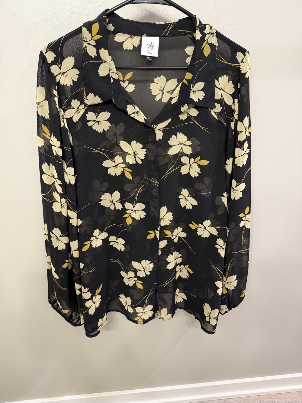 CAbi Black Floral Sheer Button-Up Blouse with Cream and Yellow Accents